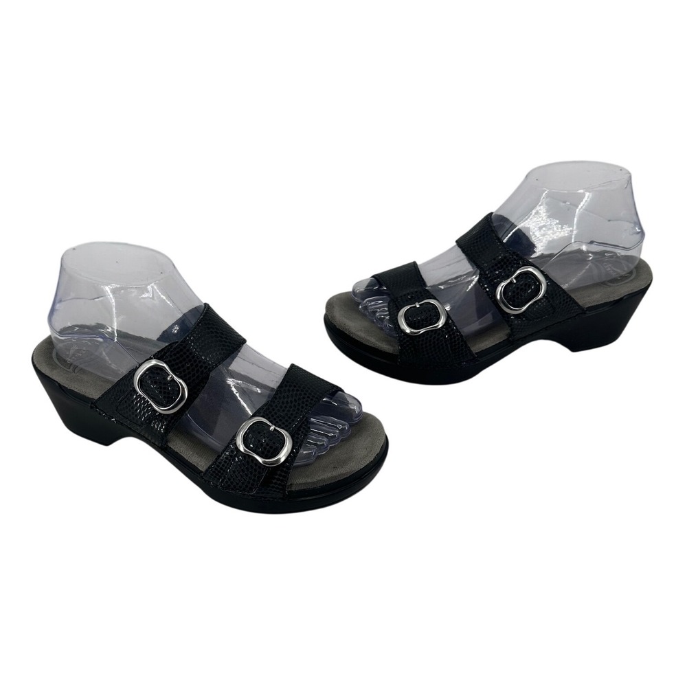 Dansko Sophie Black Snake Embossed Leather Wedge Slide‎ Sandals Womens 39 Buckle